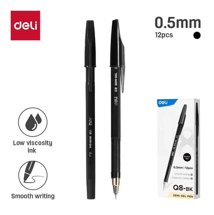 Ballpoint Deli Warna Hitam 0,5 mm (Q8-BK)