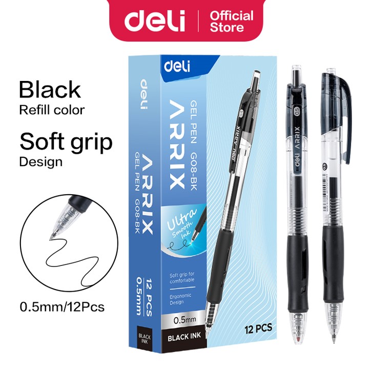Ballpoint Gel Deli Warna Hitam 0,5 mm (EG08-BK)